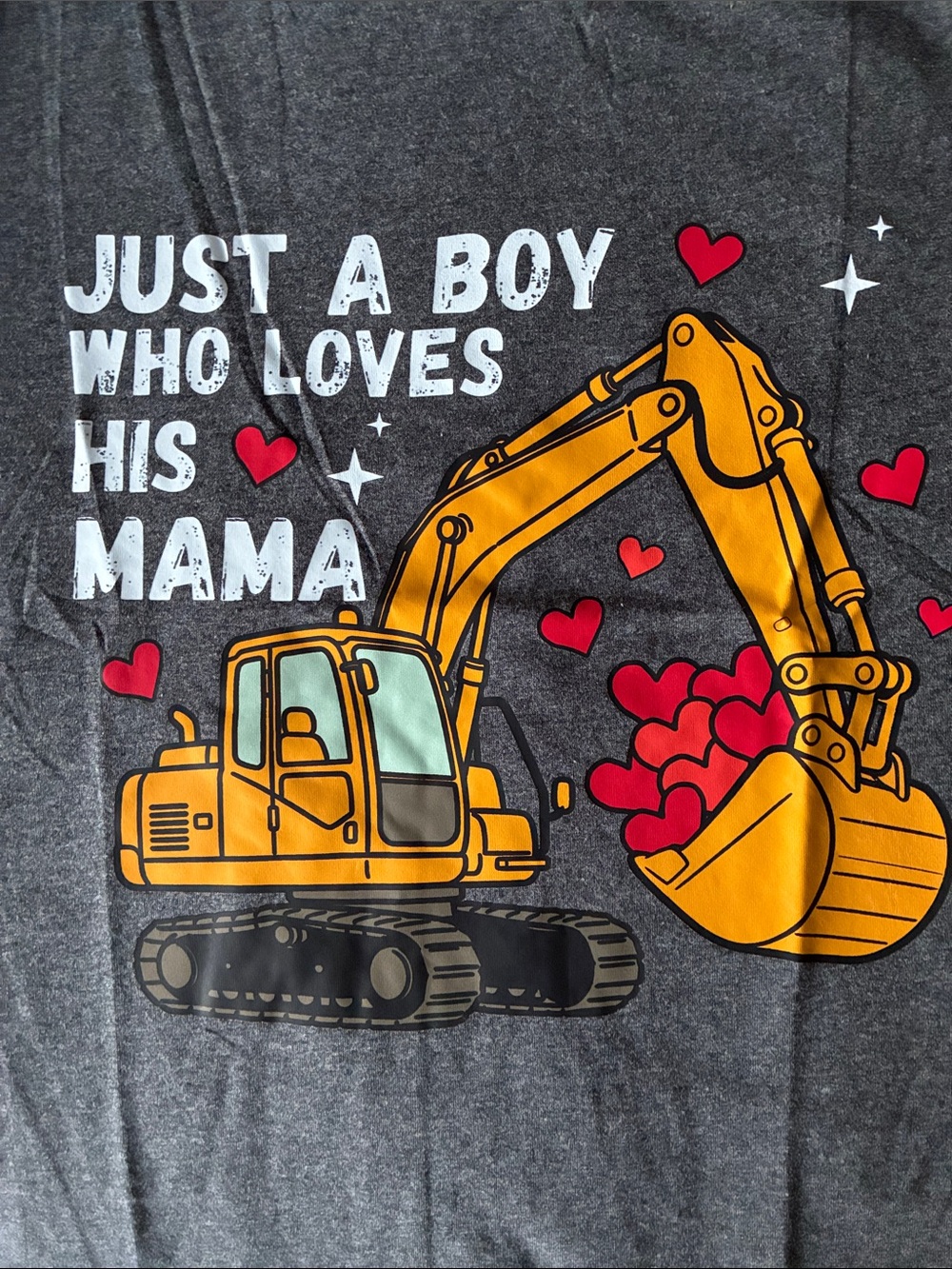 Just a Boy Who Loves His Mama Excavator Graphic, Gray Short Sleeve Tee, 7 NEW